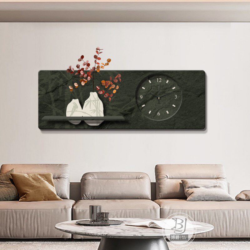 侘寂风客厅装饰画极简立体砂岩画带钟表挂画高级感卧室床头画挂钟