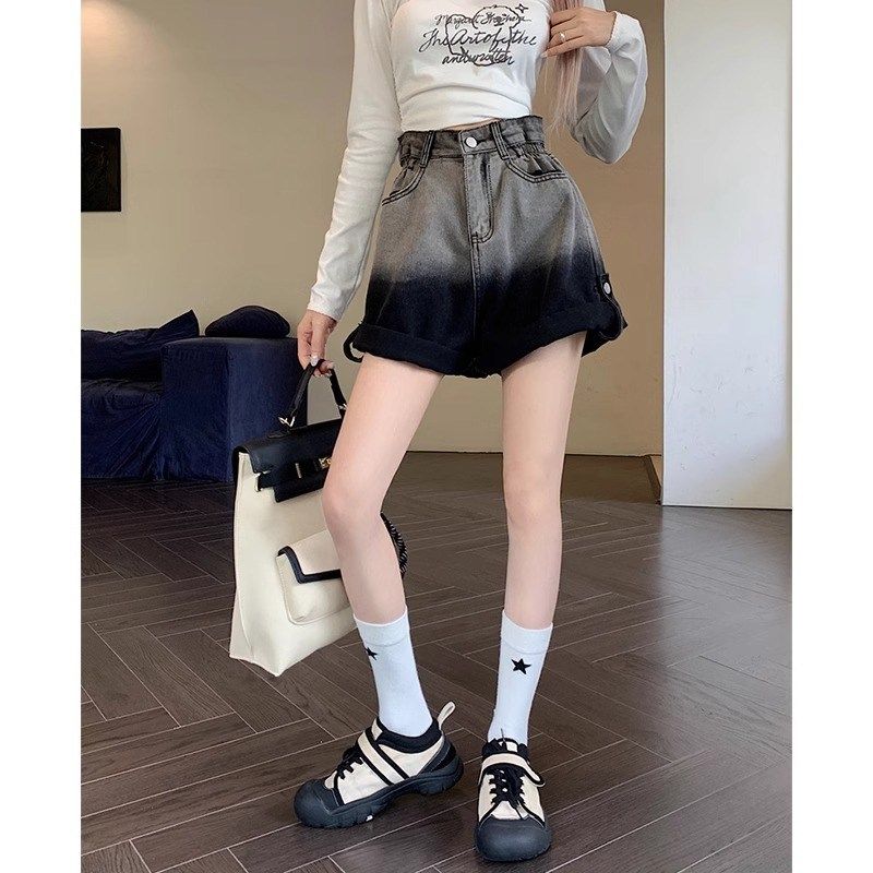 胖mm大码渐变色卷边牛仔短裤女夏季高腰显瘦梨形身材阔腿a字裤子