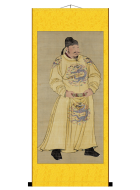 唐太宗李世民画像 谥文武大圣大广孝皇帝卷轴挂画 丝绸材质已装裱