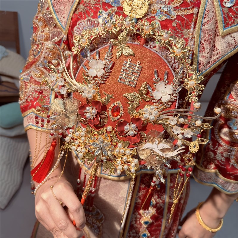 新娘团扇婚礼扇子出嫁秀禾结婚高级感喜扇红色双面diy材料包中式