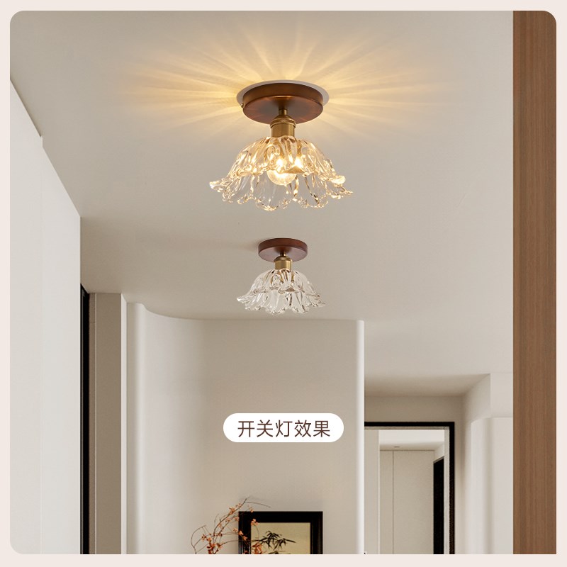 中古风轻奢玻璃吸顶灯实木过道走廊灯复古侘寂风入户阳台玄关灯具