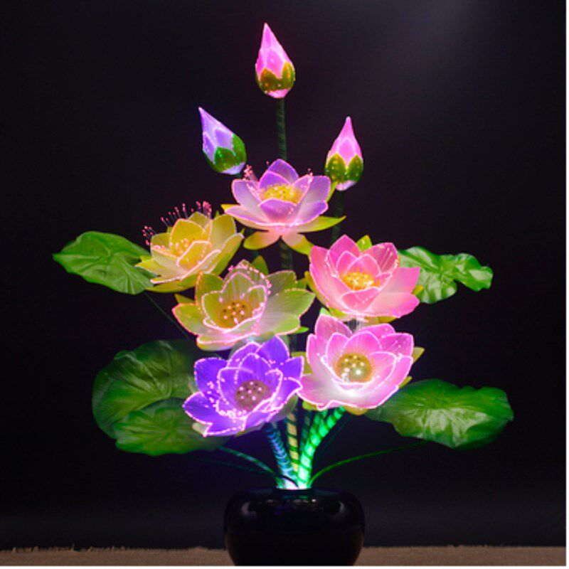 居家花灯盆栽盆景花七彩佛前花灯光纤荷花灯供灯LED莲花灯佛供灯