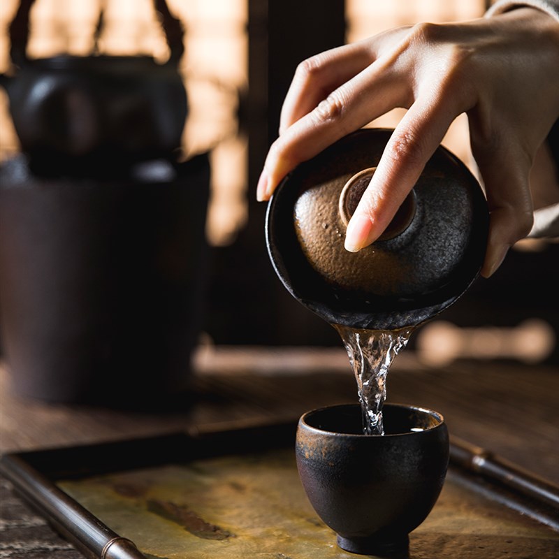 景德镇日式盖碗家用大号泡茶碗复古陶泥三才茶碗陶瓷茶具柴窑烧制