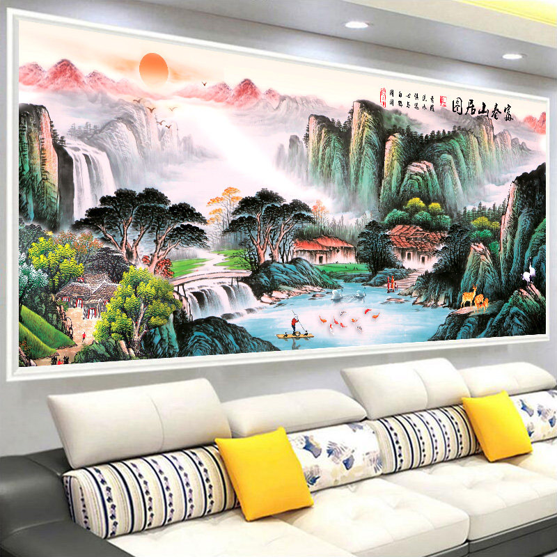 十字绣成品纯手工富春山居图客厅沙发背景墙山水风景画带框装裱