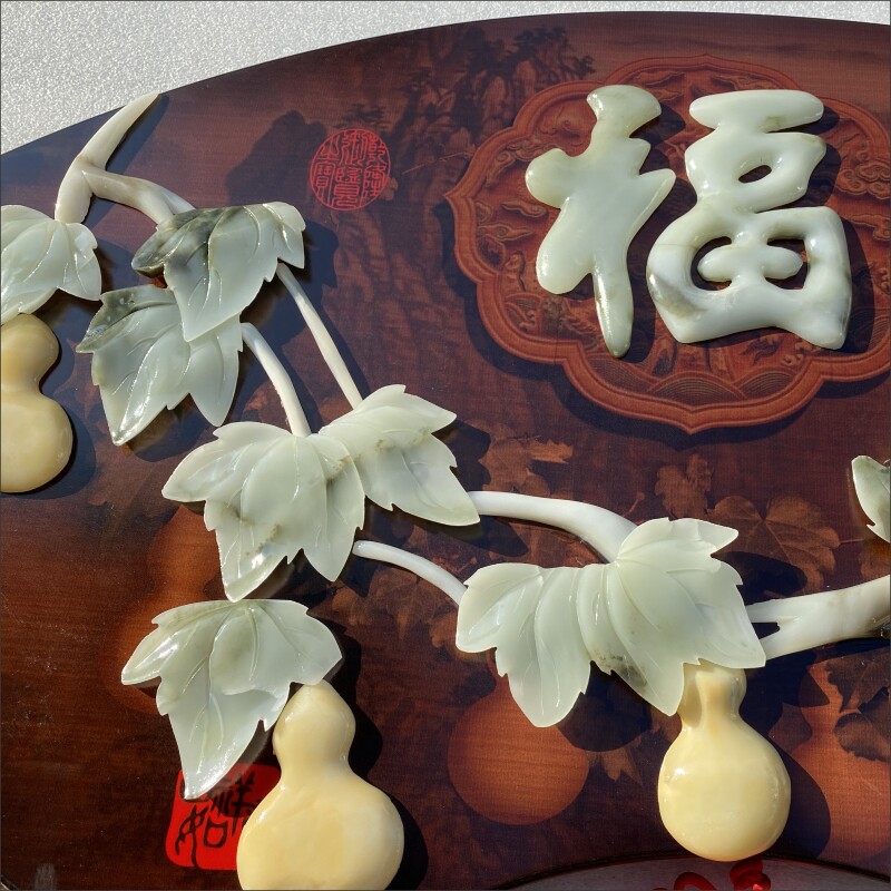 客厅装饰画沙发背景墙中国风新中式扇形挂画餐厅墙面玉雕画浮雕画