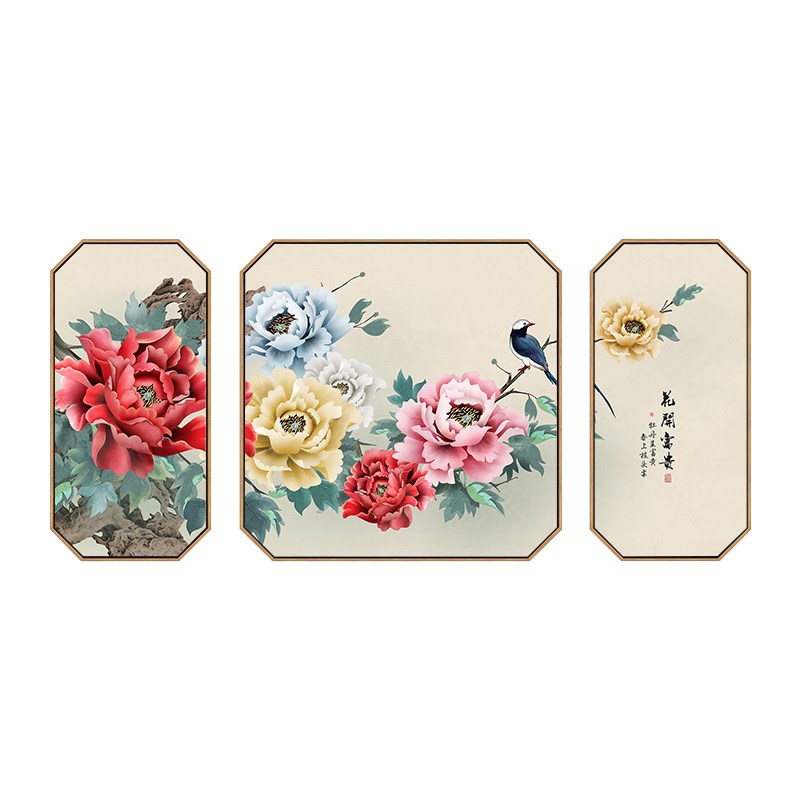 花开富贵沙发背景墙三联画新中式客厅装饰画组合壁画牡丹图挂画横