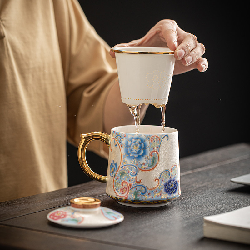高档银掐丝珐琅彩泡茶杯个人陶瓷茶水分离杯带盖办公室办公杯礼品