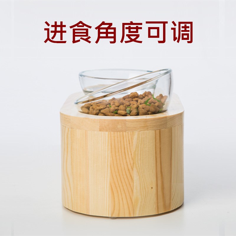 猫食盆双碗玻璃碗猫碗倾斜宠物猫实木猫碗架餐桌喂食碗猫饭盆用品