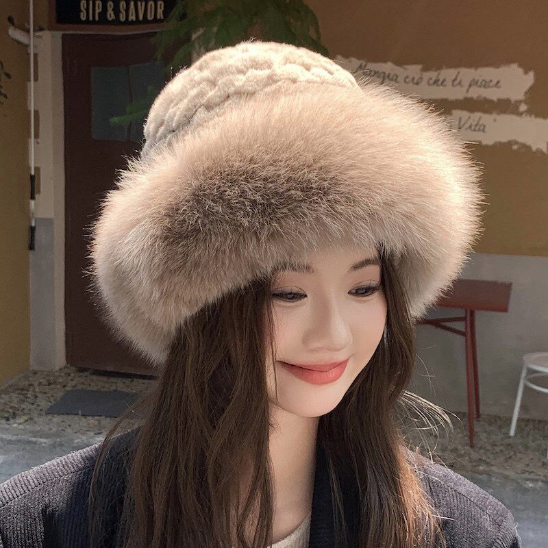 獭兔毛渔夫帽女秋冬东北保暖加厚狐狸毛毛护耳帽子显脸小毛绒盆帽