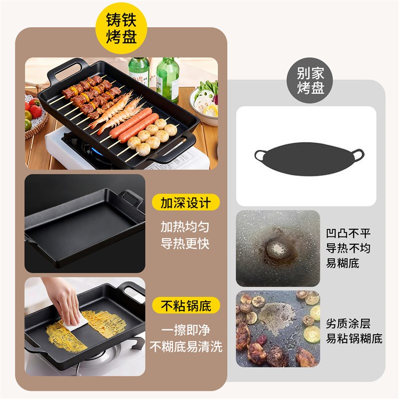 铸铁烤盘加厚不粘牛排铁板烧专用煎盘烧烤烤鱼铁板盘长方形烤肉盘