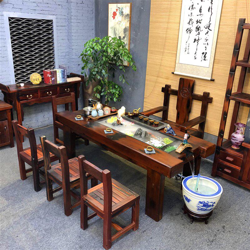 老船木流水茶桌茶台新中式茶几实木功夫茶道茶艺泡茶桌椅组合喝茶