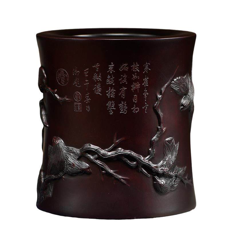 紫檀木寒雀图实木笔筒红木血檀小叶紫檀办公桌面装饰摆件送礼盒装