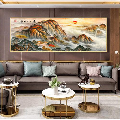 泰山日出东方横版挂画旭日东升有山无水靠山图客厅大堂迎客松壁画