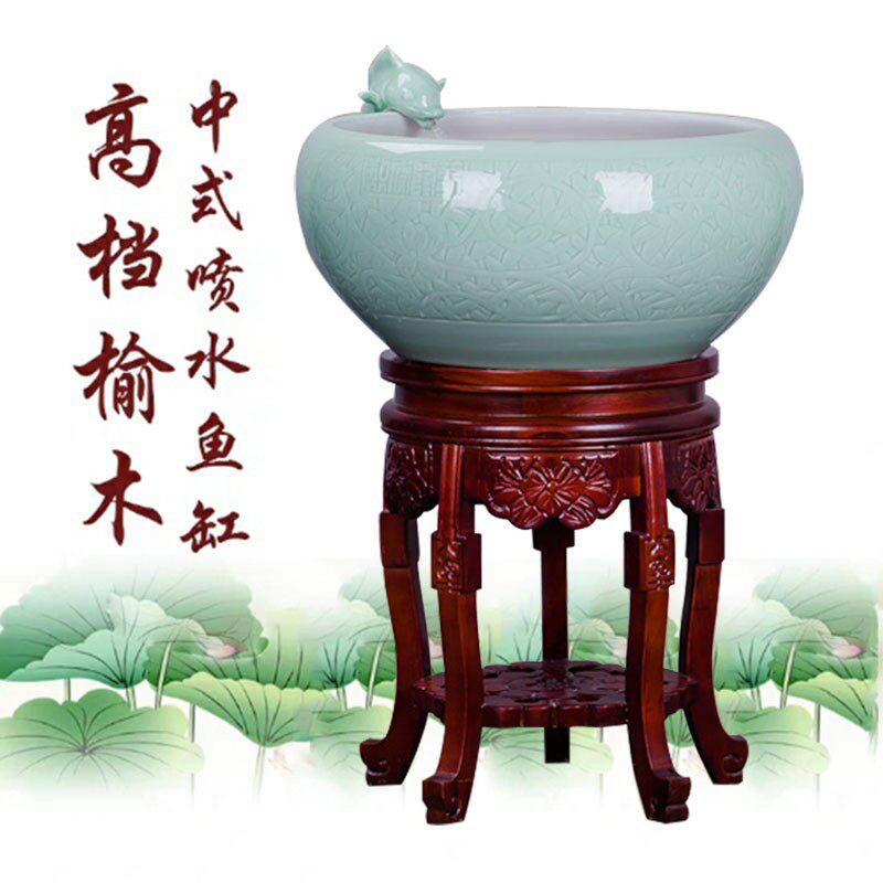 景德镇陶瓷圆形鱼缸循环喷水加湿金鱼缸办公室落地青花缸客厅公司