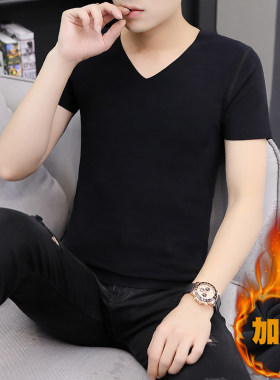 秋冬季德绒男士保暖内衣男上衣单件加绒加厚短袖t恤无痕半袖背心