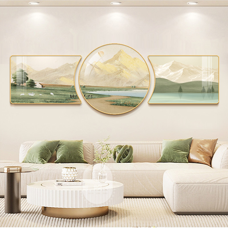 聚宝盆客厅装饰画北欧日照金山聚财山水风景三联画电视背景墙挂画