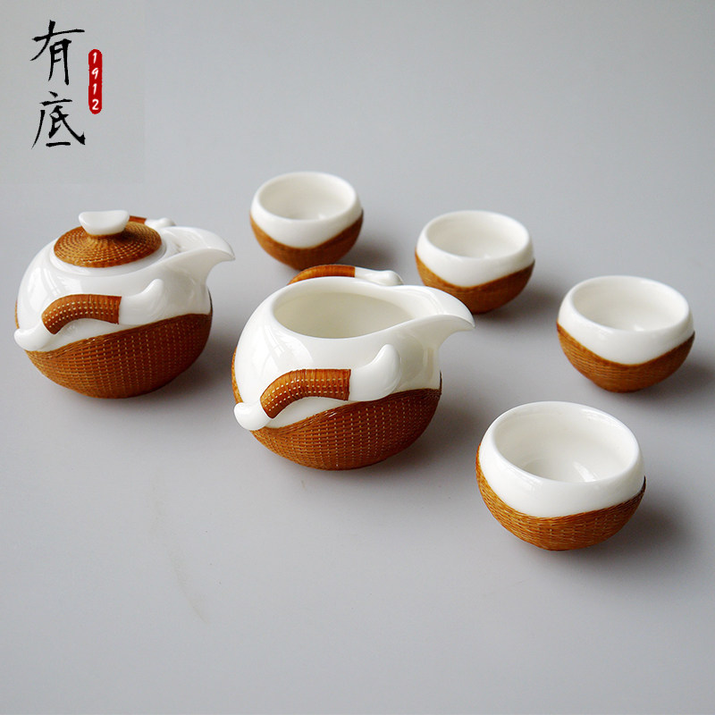非遗手工瓷胎竹编玉瓷茶具一壶二杯便携茶具套装竹丝扣瓷茶杯包邮