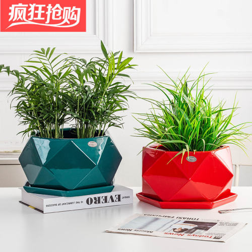 北欧简约花盆陶瓷大号家用客厅桌面创意棱角绿萝蝴蝶兰花盆带托盘