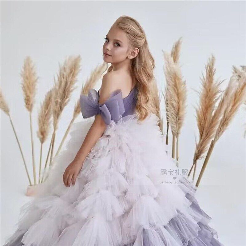 儿童走秀礼服露肩钢琴演奏服欧美女童花童婚礼女孩生日公主裙拖尾