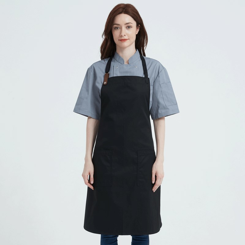 加长工作围裙挂脖大口袋咖啡师厨师围裙皮条黑色家用餐饮茶饮店