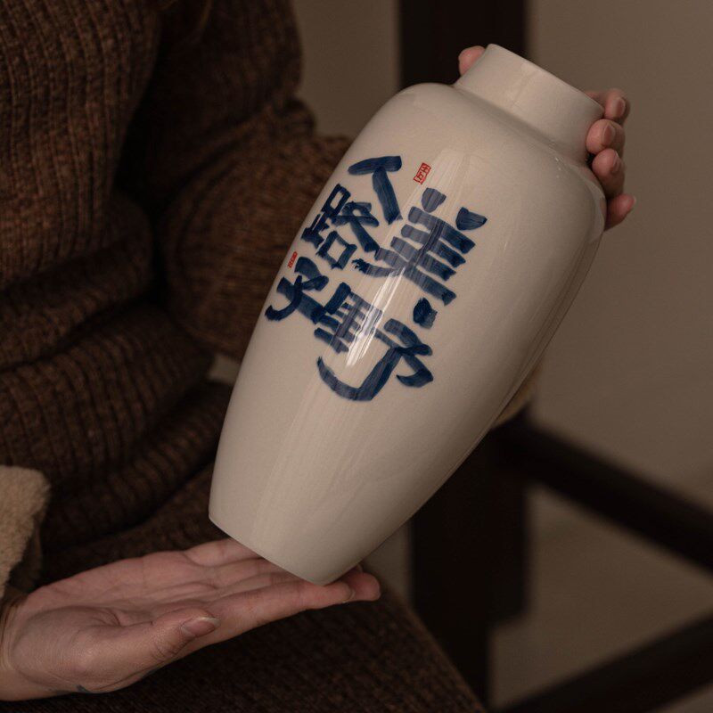 草木灰手绘釉下彩花瓶花插茶室装饰复古文人花艺装饰品干花瓶大号