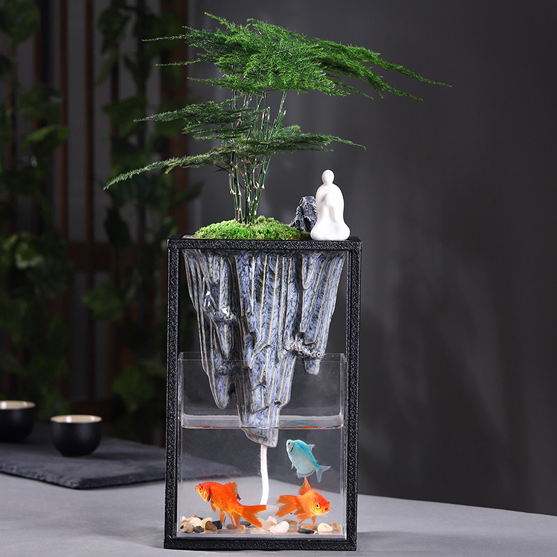 迎客松文竹盆景室内鱼缸盆栽山水倒影玄关茶室书房摆件绿植造景