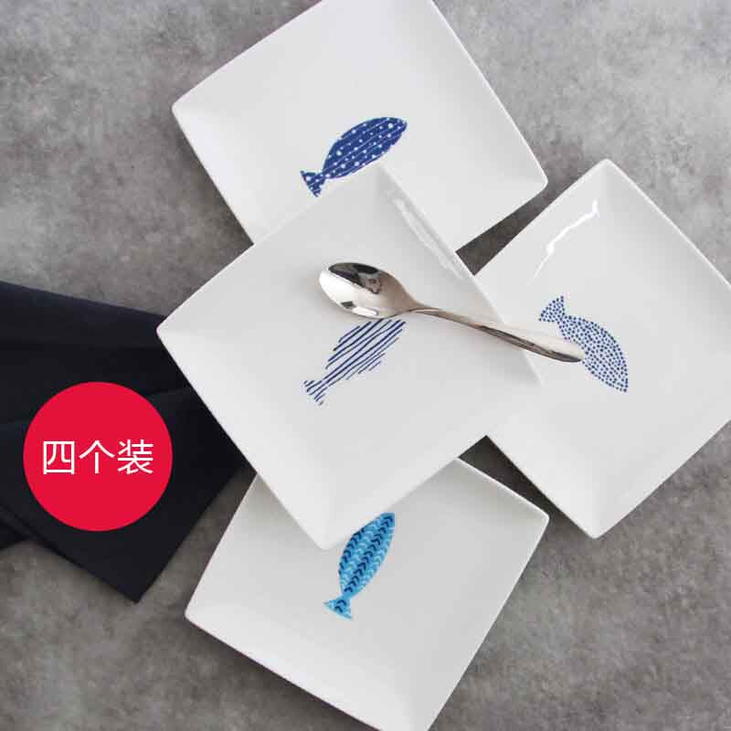 创意盘子正方盘陶瓷骨碟点心蛋糕碟日式家用餐盘可爱碟子4个装