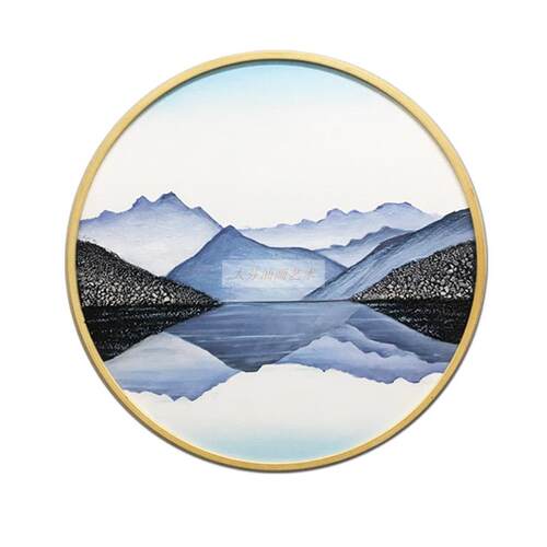 玄关油画客厅装饰画山水画餐厅挂画过道有框手绘新中式简约圆形画