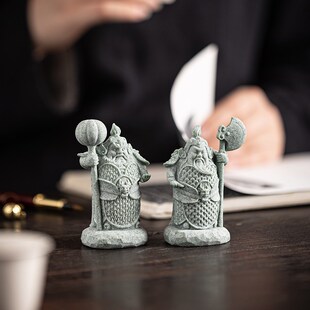新中式护宅门神哼哈二将青砂石摆件客厅玄关书房鱼缸造景家居装饰