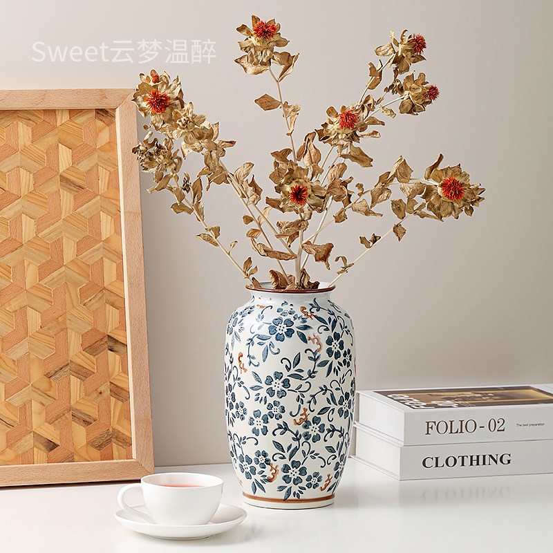 新中式青花陶瓷花瓶轻奢高级感复古装饰插花干花水培客厅玄关摆件