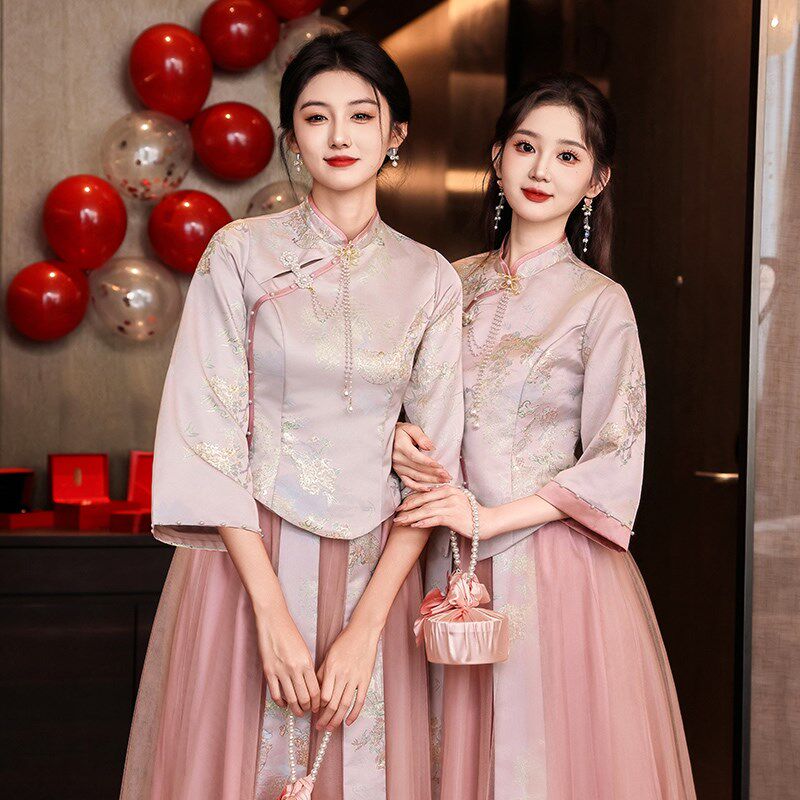 新中式伴娘服礼服女2024秋冬季新款小个子高级感显瘦旗袍姐妹团裙