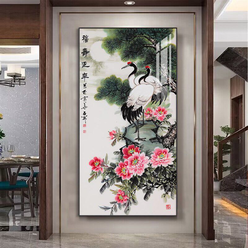 仙鹤图装饰画中式挂画仙鹤画鹤寿图字画玄关画走廊竖款松鹤延年