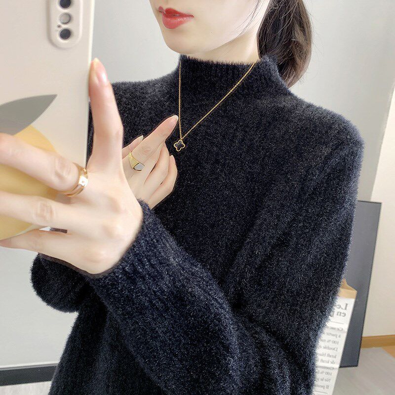 半高领毛衣女2024秋冬加厚仿貂绒女士针织衫内搭冬季百搭显瘦打底