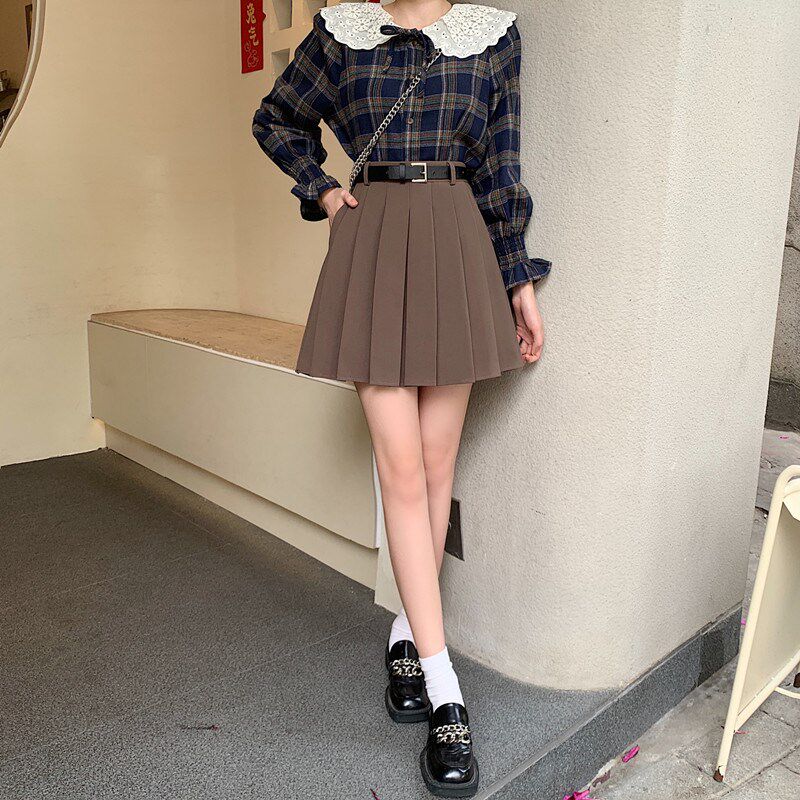 大码百褶裙带口袋高腰学院风短裙女胖mm春秋显瘦垂坠感a字半身裙