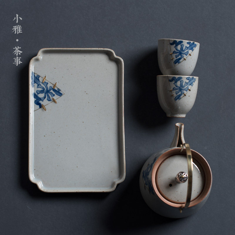 小雅 仿古干泡一壶两杯茶具套装 金缮青花提梁壶功夫茶具陶瓷礼品