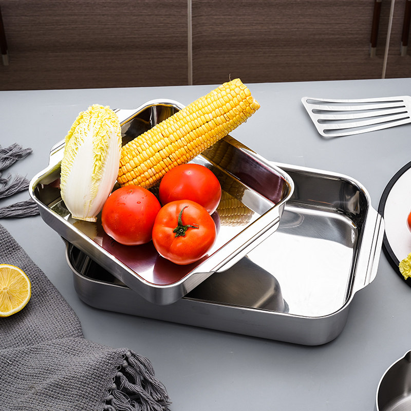 304不锈钢盘加深菜碟汤盘烤箱用烤盘蒸盘长方形烤鱼盘子电磁炉用