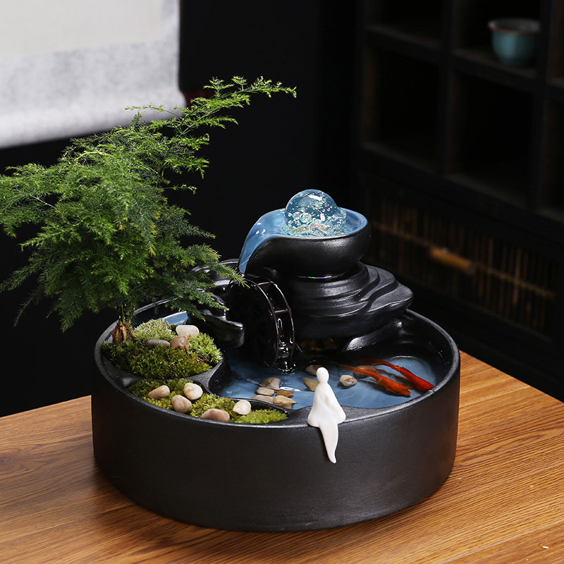 陶瓷鱼缸流水生财招财客厅装饰摆件家居装饰品桌面循环乔迁开业礼