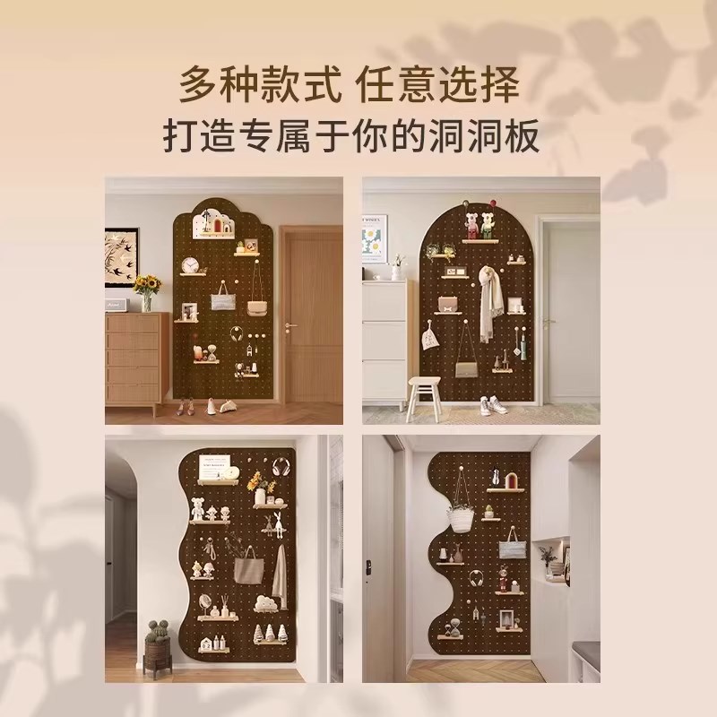 中古风实木洞洞板穿衣镜定制玄关置物架全身镜装饰隔板墙面收纳架