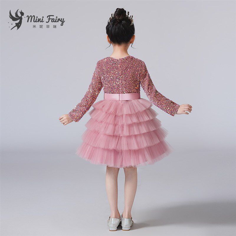 女童生日礼服秋冬长袖公主裙钢琴演出蓬蓬纱裙儿童粉色亮片蛋糕裙
