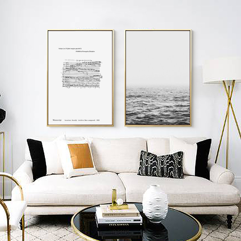 北欧风格装饰画客厅沙发背景墙挂画卧室餐厅壁画黑白创意海的乐章