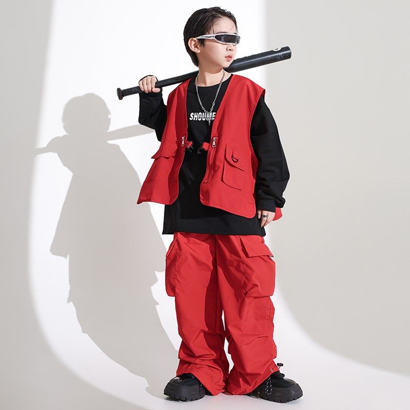 儿童街舞演出服马甲套装红色喜庆元旦表演服酷帅架子鼓男女童走秀