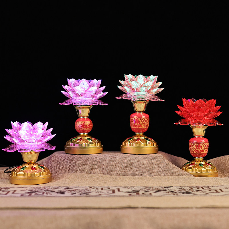 仿水晶亚克力莲花灯LED七彩变光电池插电荷花灯客厅长明灯家用对
