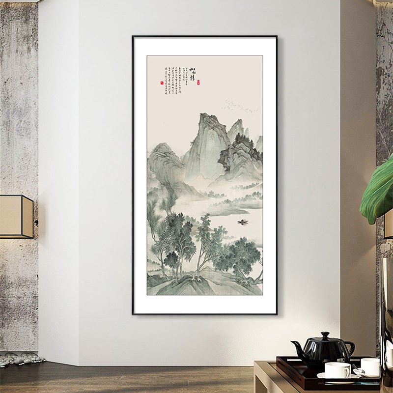 迎客松玄关装饰画新中式进门入户走廊过道挂画竖版茶室壁画山水画