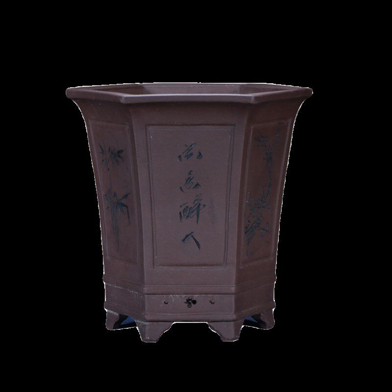宜兴紫砂精品六方花盆手工特大号悬崖兰花盆大号六角陶瓷家用盆栽