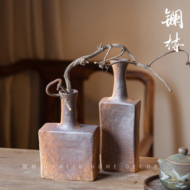 景德镇侘寂风小花器茶几小众花瓶高级复古艺术餐桌乾鲜花摆件灰陶