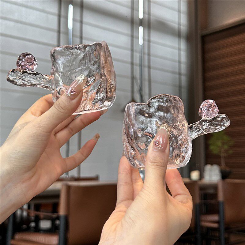 *老板娘自用*水晶玻璃品茗杯小鸟侧把杯耐热茶杯主人杯手工锤纹