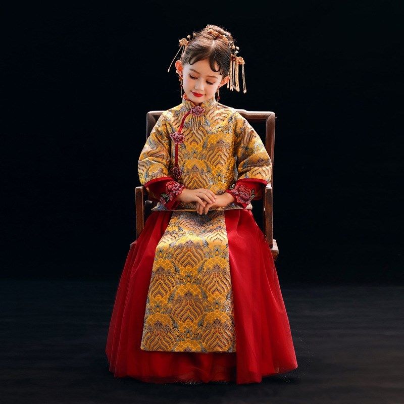 儿童礼服春季2024新款女童中式秀禾服花童两件套古筝演出旗袍汉服
