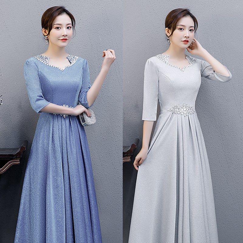 合唱团演出服女长裙2021新款礼服蓝色迎宾主持司仪大合唱演出服装