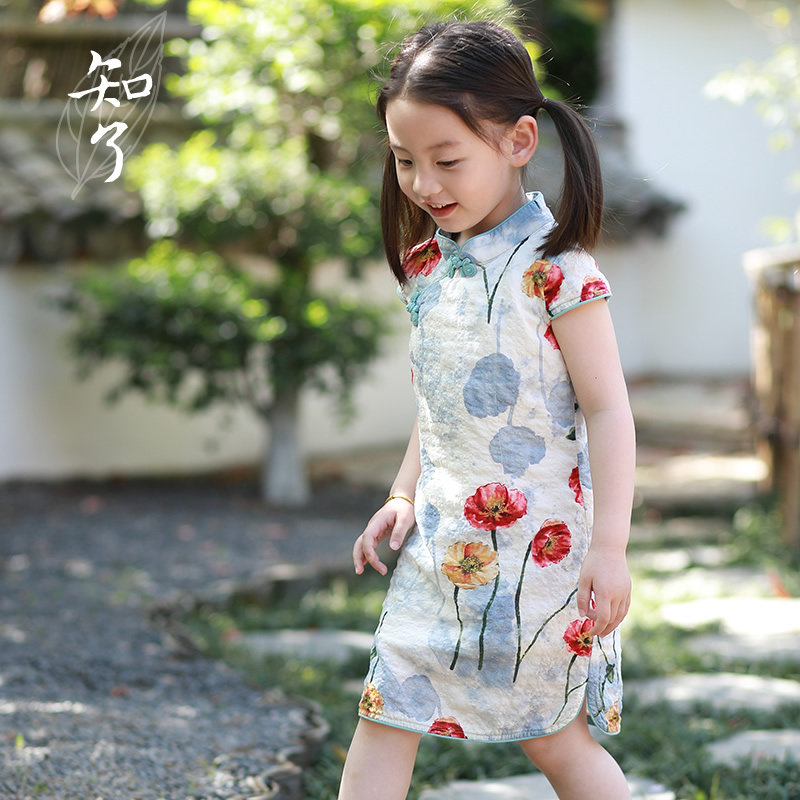 知了童装 儿童夏装女童中国风唐装少女旗袍式连衣裙日常旗袍K3170