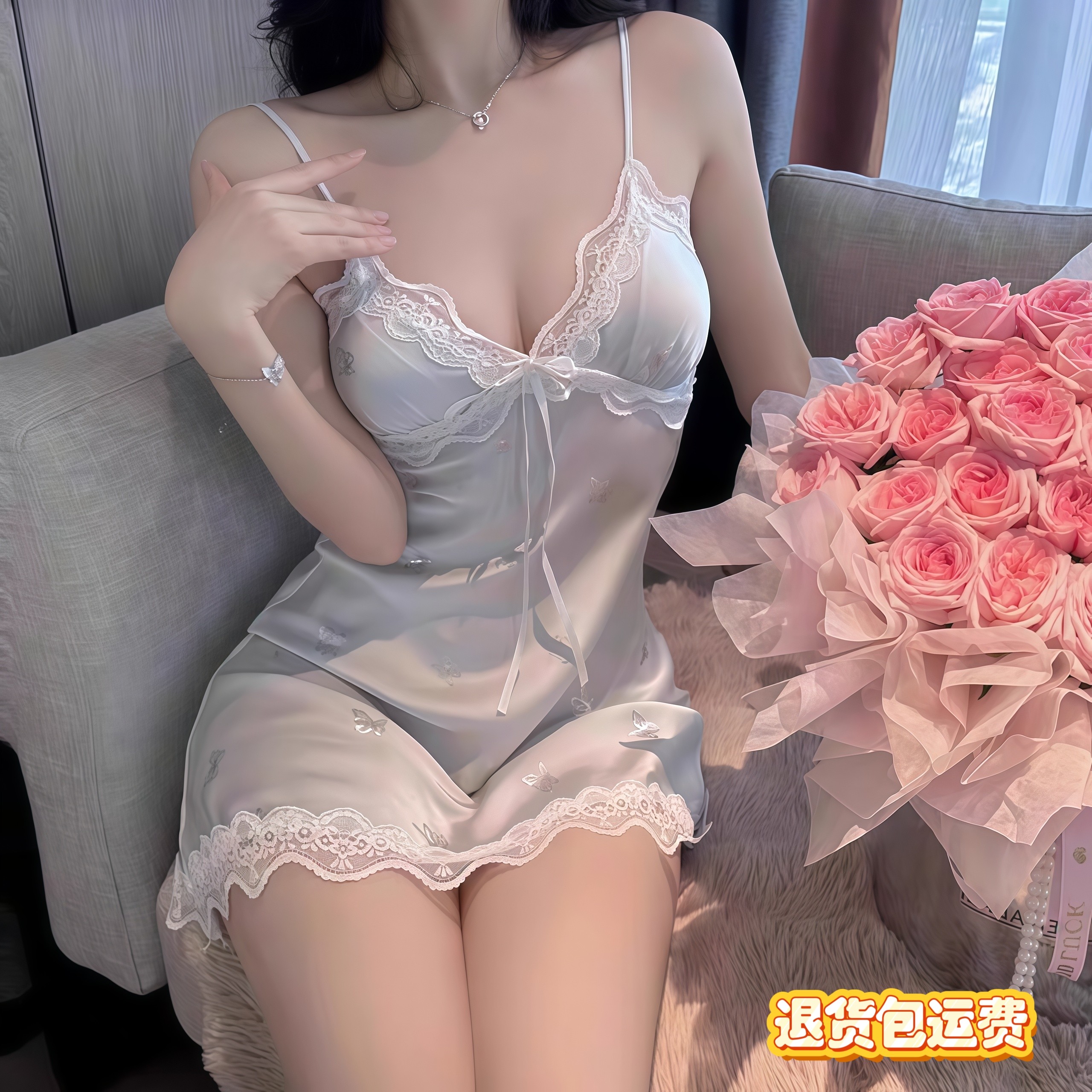 冰丝吊带烫银蝴蝶甜美睡裙带胸垫性感纯欲风睡衣女款夏季家居服